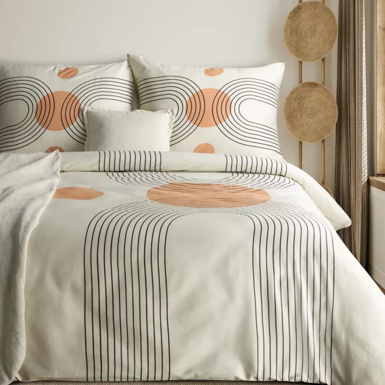 Pościel 220x200 cm komplet 3 częściowy satyna bawełniana kolor jasnobeżowy, jasnopomarańczowy z motywem geometrycznym SPRING 87 Eurofirany