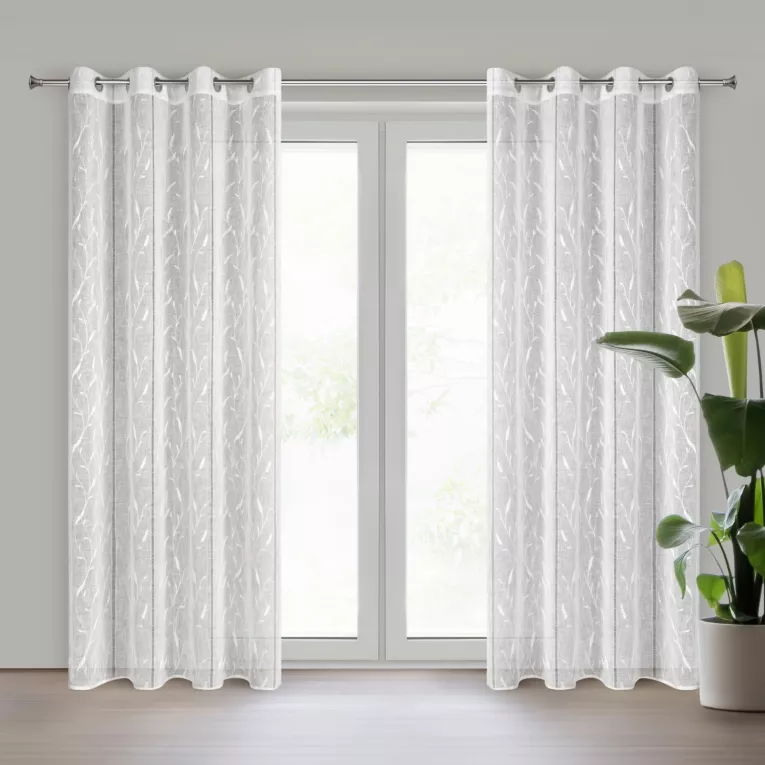 Firana biała z etaminy zdobiona ażurowymi paseczkami i haftem 140x250 cm przelotka - MELODY Eurofirany