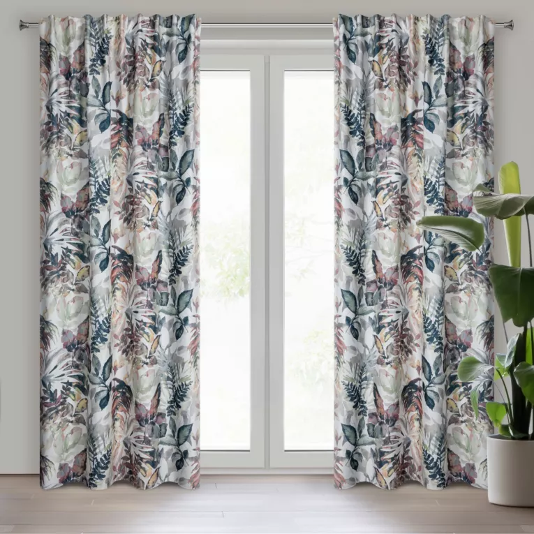 Zasłona biało, stalowa z motywem liści 140x270 cm taśma / szelki LILIA Eurofirany