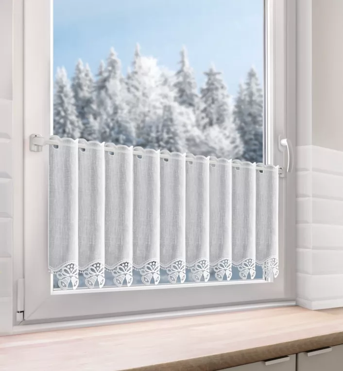 Tkanina firanowa zazdrostka z ażurowym haftem świątecznym w formie dzwoneczków Eurofirany