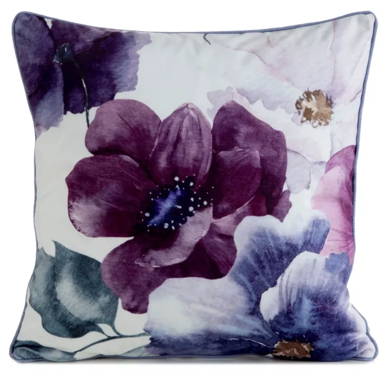 Poszewka na poduszkę 45x45 cm welwetowa, dwustronna z motywem kwiatów z wypustką na brzegach fioletowo, kremowa VELVET 124 EUROFIRANY PREMIUM