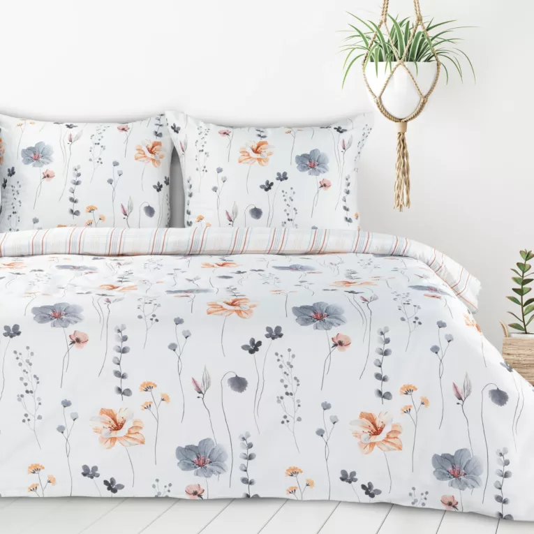 Pościel 140x200 cm z bawełny i mikrowłókna kolor biały, stalowy z nadrukiem kwiatów LEA10 Design 91 Eurofirany