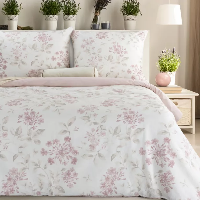 Pościel 140x200 cm komplet 2 częściowy z bawełny kolor pudrowo różowy, beżowy z motywem kwiatów LILA Eurofirany