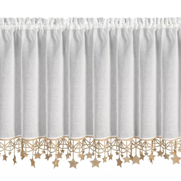Zazdrostka świąteczna biało, złota z etaminy zdobiona luźno zwisającymi gwiazdkami 150x60 cm tunel - XMAS Eurofirany