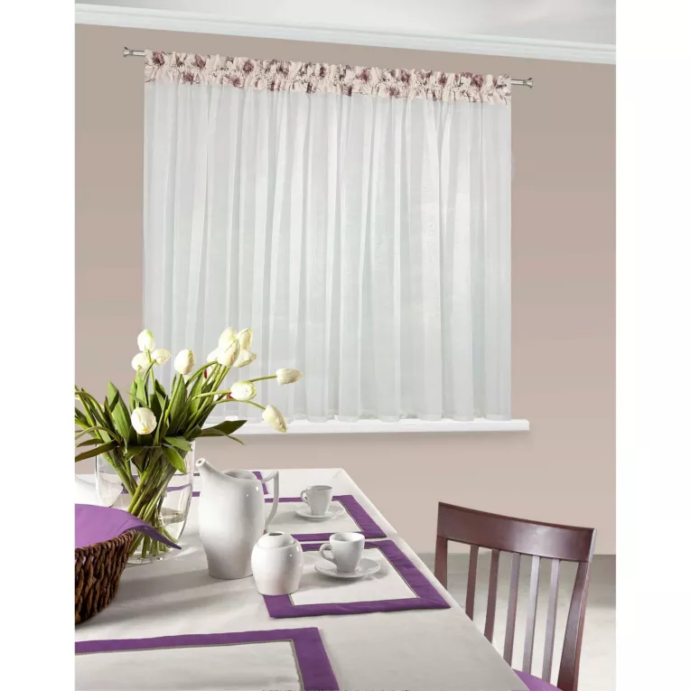 Firana z ozdobną wstawką w kwiaty tunel z grzywką 400x150cm