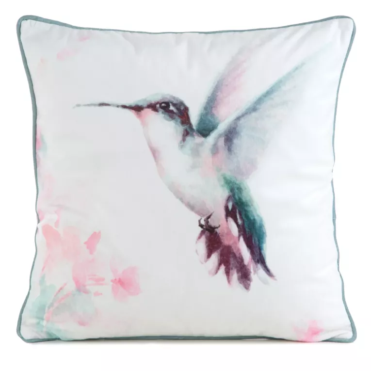 Poszewka na poduszkę 45x45 cm welwetowa, dwustronna z motywem koliberka z wypustką na brzegach kremowo, pudrowa VELEVT 138 EUROFIRANY PREMIUM