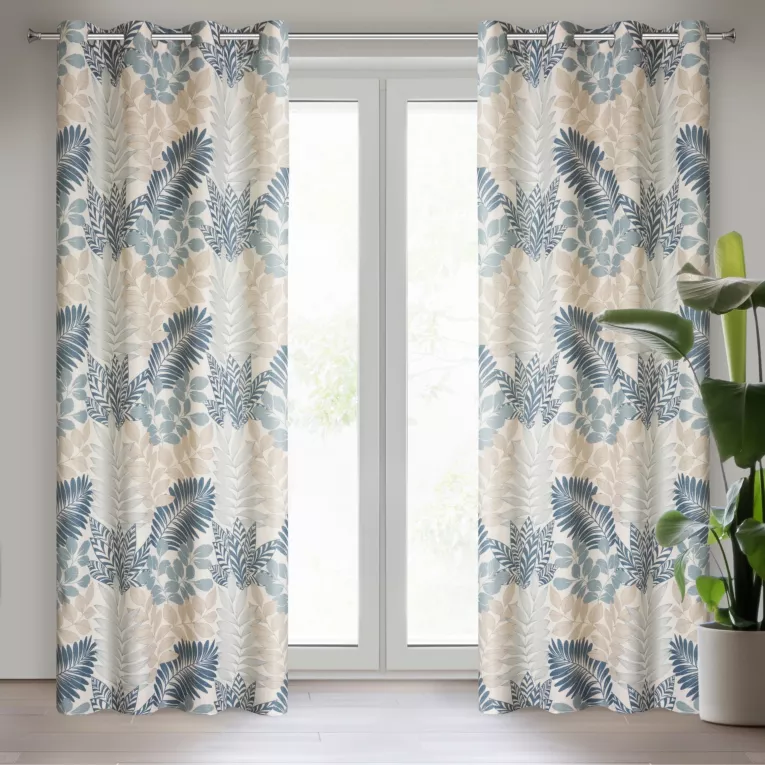 Zasłona naturalno, niebieska ze wzorem liści, w stylu eko 140x250 cm przelotka Lenny Eurofirany