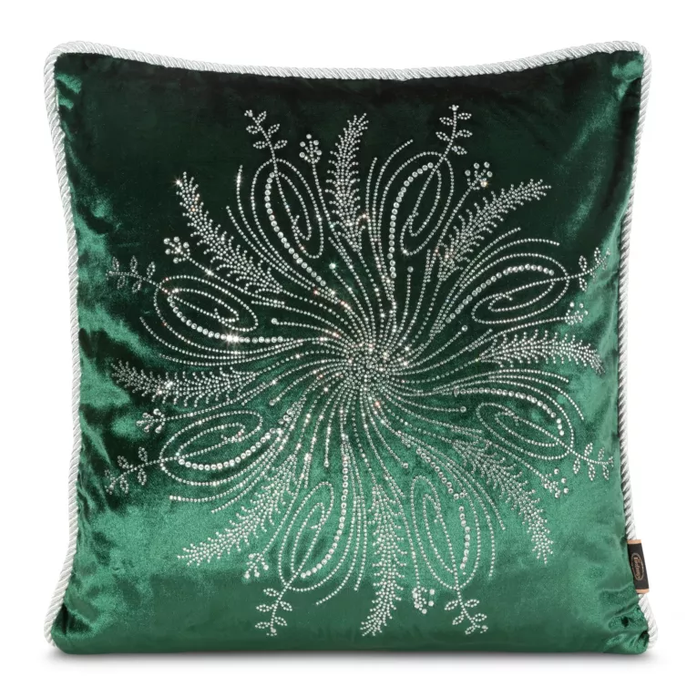 Poszewka na poduszkę 45x45 cm welwetowa zdobiona drobnymi kryształkami i srebrnym sznurem na brzegach ciemnozielona ROYAL 7 Eurofirany