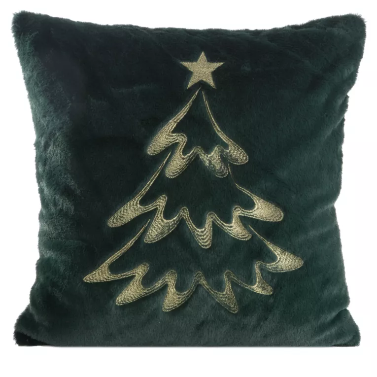Poszewka na poduszkę świąteczna 45x45 cm ciemnozielono, szampańska  z przyjemnego futerka zdobiona haftem choinki Eurofirany