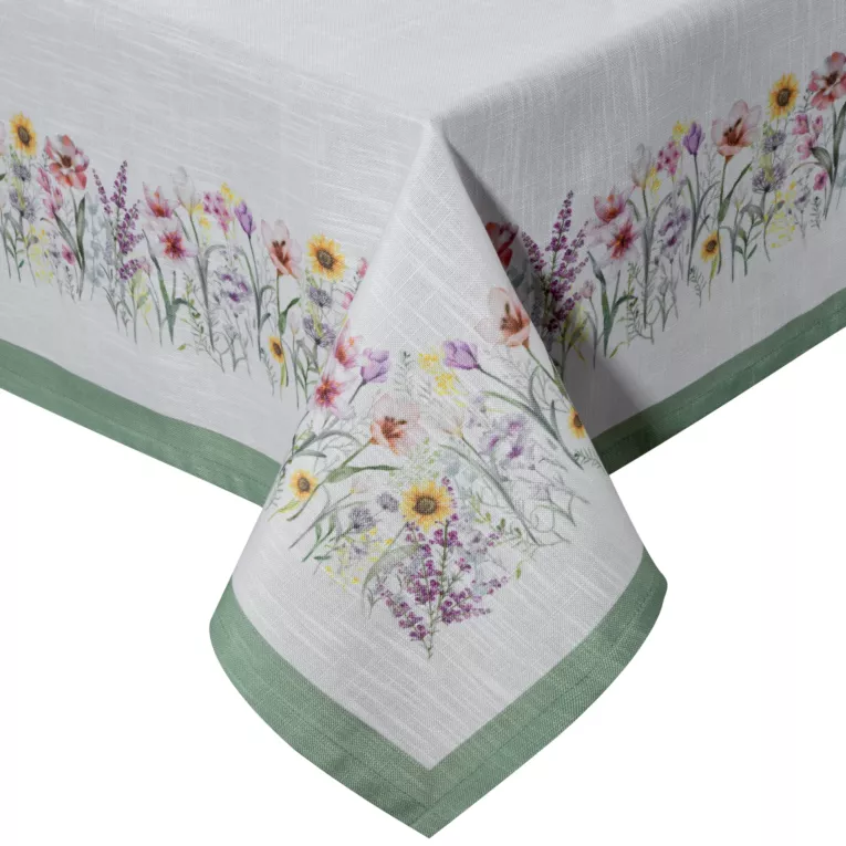 Obrus naturalno, zielony 140x220 cm SUMMER 9 zdobiony nadrukiem letnich kwiatów