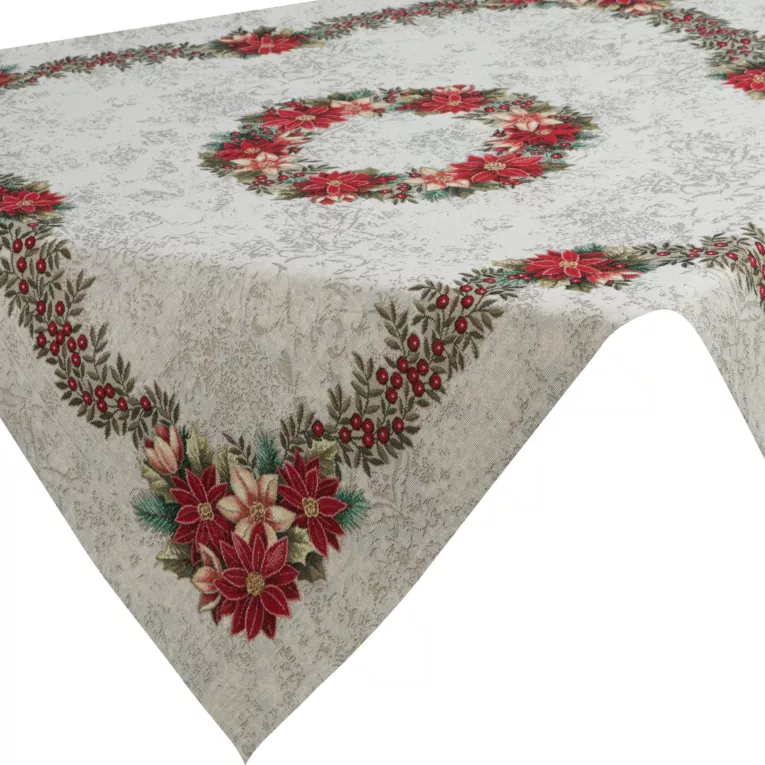 Obrus naturalno, czerwony 100x100 cm gobelinowy z motywem świątecznym