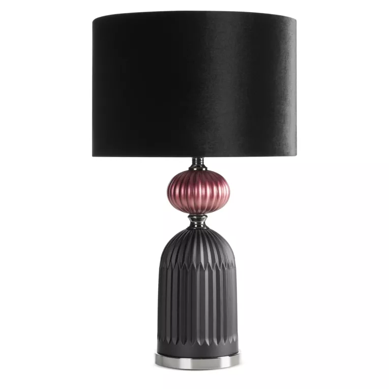 Lampa stołowa do pokoju czarno, bordowa GIANA o szklanej tłoczonej podstawie i welwetowym abażurem Eurofirany