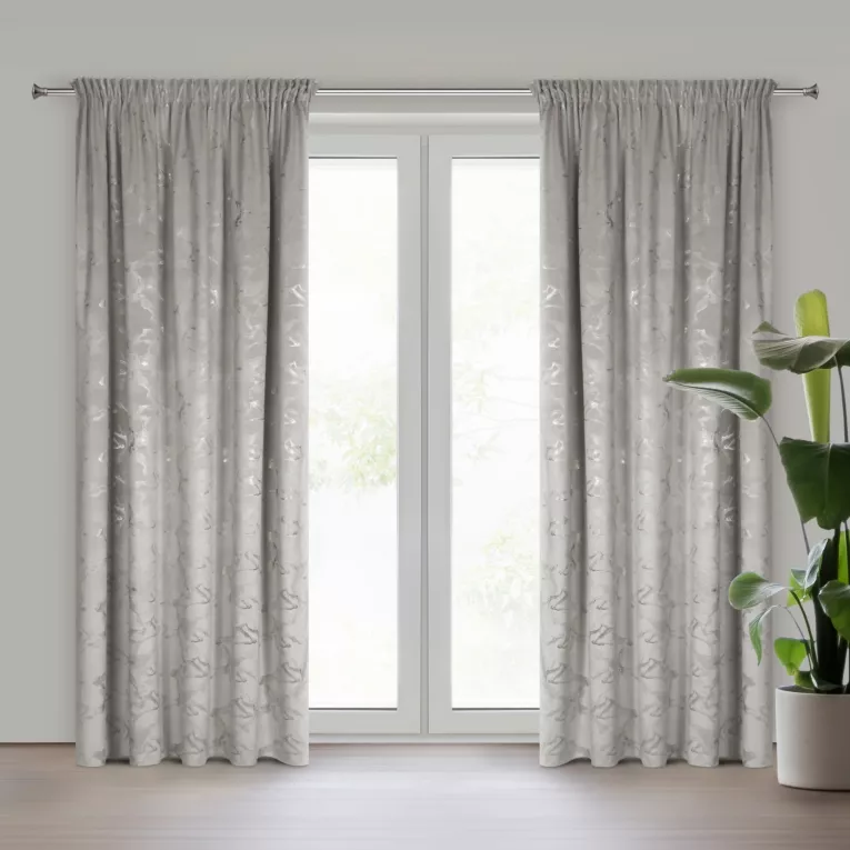 Zasłona stalowo, szampańska welwetowa zdobiona błyszczącym nadrukiem 140x270 cm taśma - RAJA Eurofirany