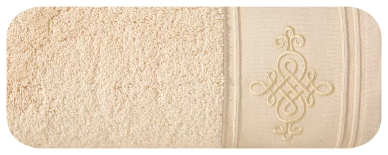 Ręcznik kąpielowy 70x140 cm bawełniany kolor beżówy z haftowanym ornamentem na bordiurze 600 g/m2 KLAS 2 Eurofirany