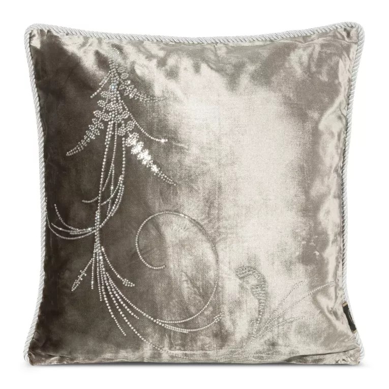 Poszewka na poduszkę 45x45 cm welwetowa zdobiona wzorem z kryształków i srebrnym sznurem na brzegach ciemnobeżowa ROYAL 10 Eurofirany