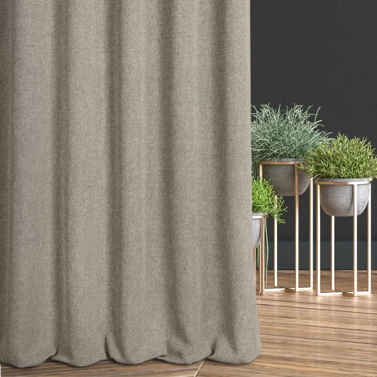Zasłona szyta na przelotkach beżowa z tkaniny o grubym splocie i efektem melanżu