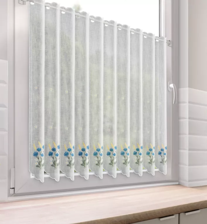 Tkanina firanowa zazdrostka zdobiona haftem bukietu polnych kwiatów Eurofirany