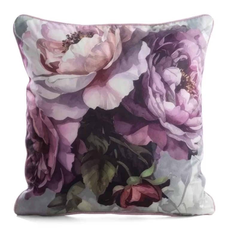 Poszewka na poduszkę 45x45 cm welwetowa różowo, fioletowa z roślinnym nadrukiem VELVET 212 Eurofirany
