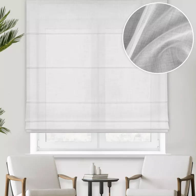 Roleta rzymska srebrna z gładkiej matowej etaminy o naturalnym splocie
