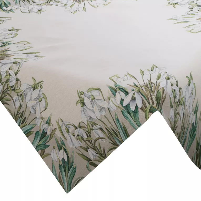 Obrus na stół naturalno, biały 100x100 cm gobelinowy z motywem przebiśniegów Eurofirany