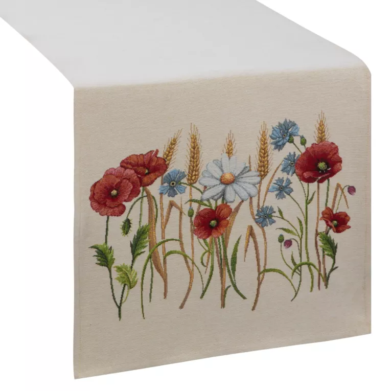 Bieżnik na stół naturalno, czewony 45x140 cm gobelinowy z nadrukiem maków
