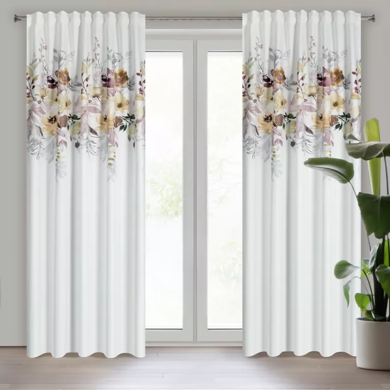 Zasłona biało, żółta z motywem roślinnym 140x270 cm taśma/flex SENDI Eurofirany