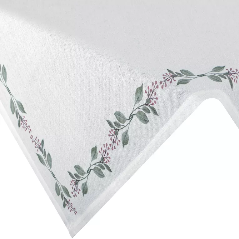 Obrus na stół plamoodporny 85x85 cm biało, zielony z motywem roślinnym - LILY Eurofirany