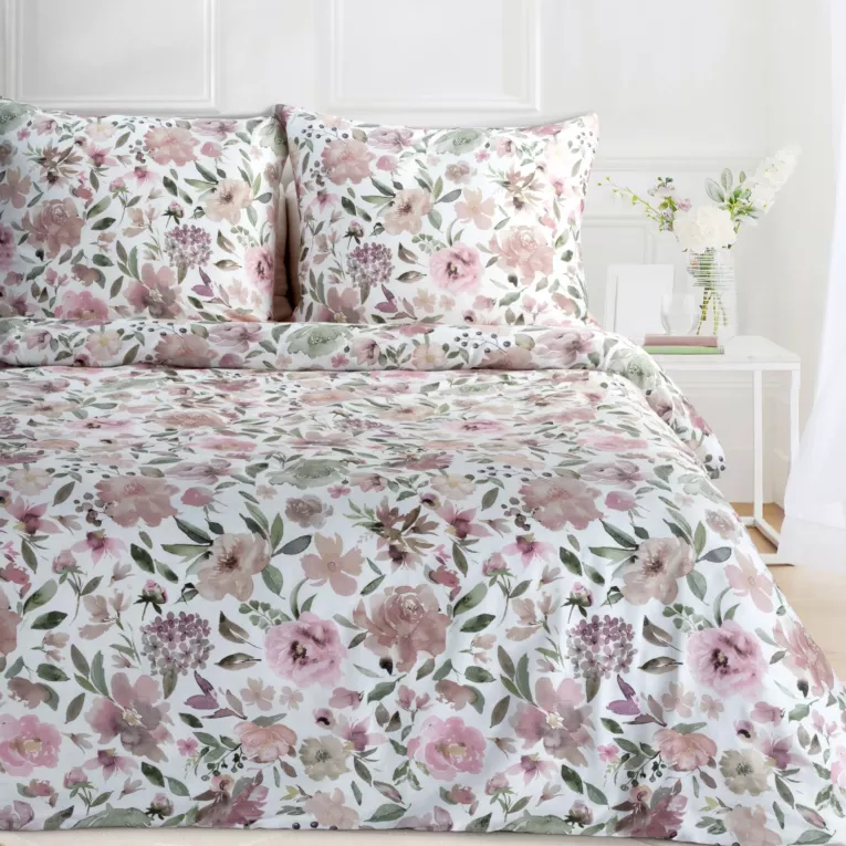 Pościel 220x200 cm z satyny bawełnianej kolor biały, różowy z kwiatowym wzorem SPRING 57 Eurofirany