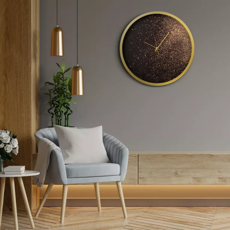 Zegar ścienny w stylu nowoczesnym zdobiony złotym brokatem Eurofirany