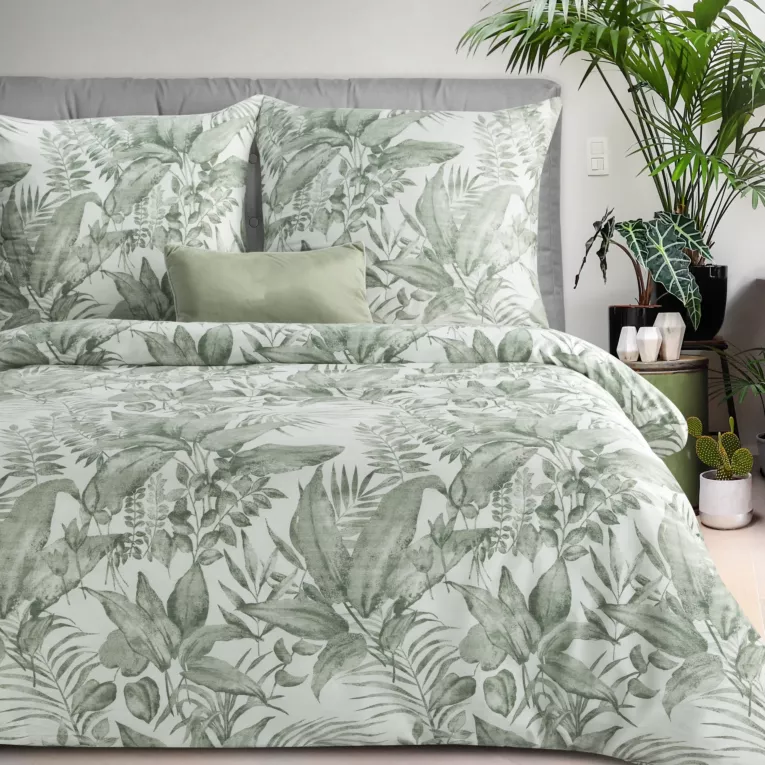 Pościel 140x200 cm z satyny bawełnianej kolor miętowy, biały z nadrukiem roślinnym SPRING 48 Eurofirany