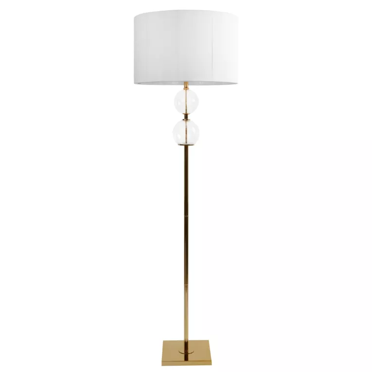 Lampa stojąca do pokoju biało, złota ARIANA na podstawie łączącej szkło metal i abażur z matowej nici Eurofirany