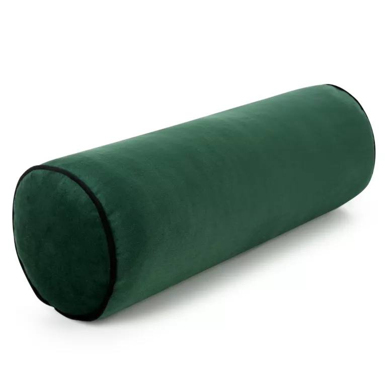 Poduszka dekoracyjna wałek 45 x 15 cm welwetowa ciemnozielona zdobiony kontrastującą lamówką GAJA Eurofirany