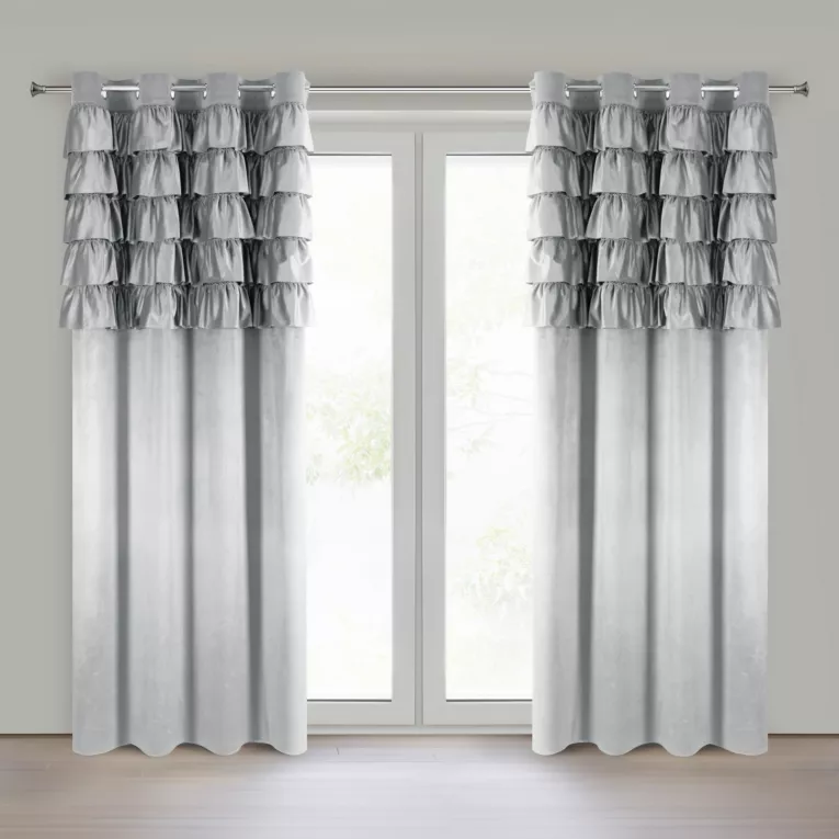Zasłona srebrna zdobiona falbanami z welwetu 140x250 cm przelotka AURA Eurofirany