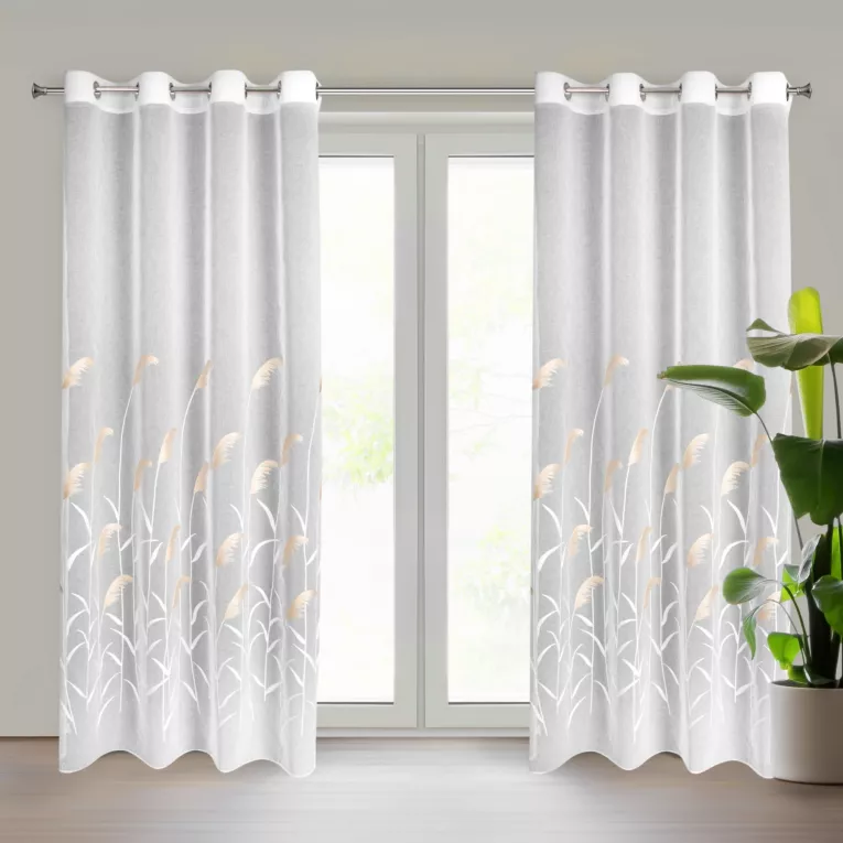 Firana kremowo, beżowa zdobiona haftem trawy pampasowej 140x250 cm ABBIE Eurofirany