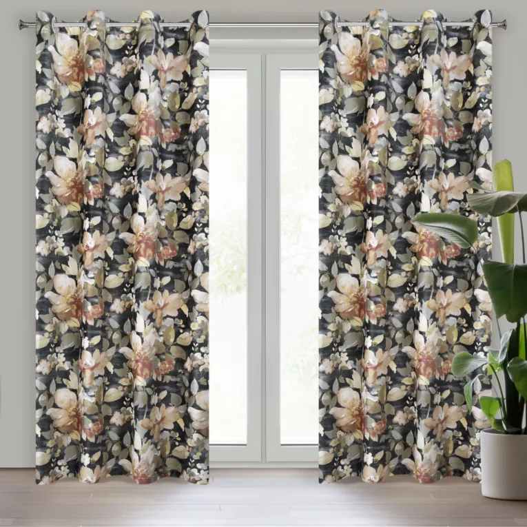 Zasłona grafitowo, zielona w kwiaty z welwetu 140x250 cm przelotka BETTY Eurofirany
