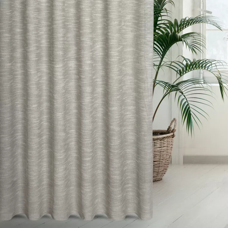 Zasłona szyta na flexach beżowa z matowej luźnotkanej tkaniny z efektem melanżu, wykończona obciążnikiem