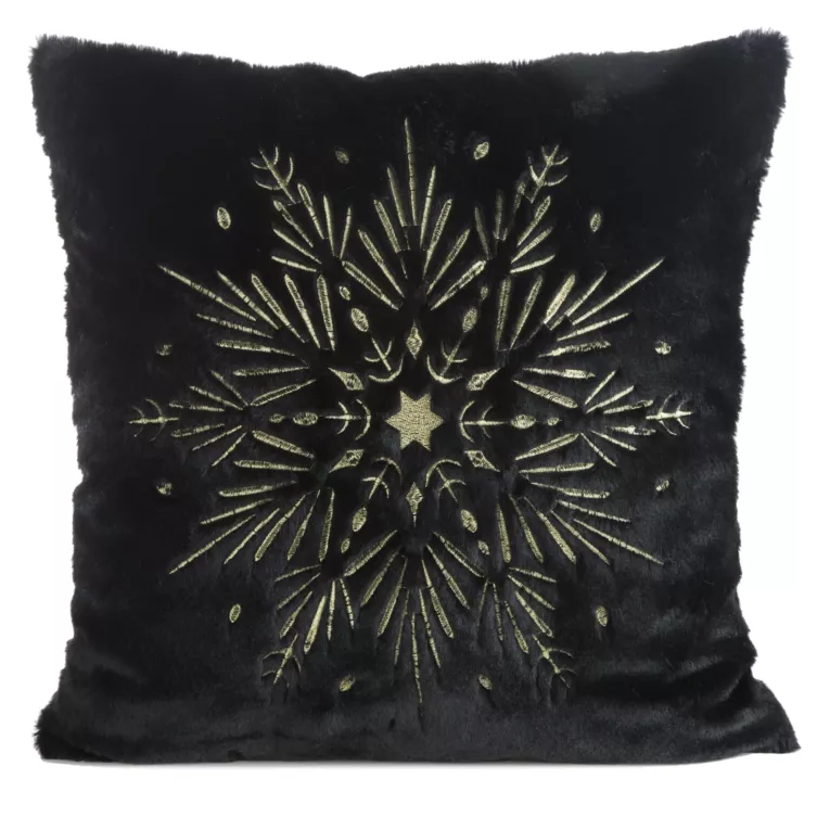 Poszewka na poduszkę 45x45 cm z przyjemnego futerka zdobiona haftowaną śnieżynką czarno, złota Eurofirany