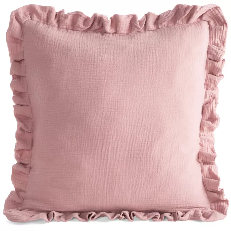 Poszewka na poduszkę 45x45 cm muślinowa z ozdobną falbanką na brzegach pudrowa MUŚLIN 1 Eurofirany