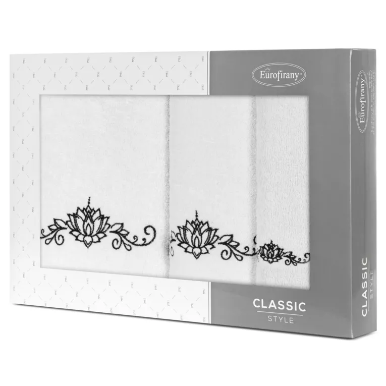 Zestaw ręczników bawełnianych na prezent 3 szt kolor biały,czarny z haftowanym wzorem lili wodnej 380g/m2 LILIANA Eurofirany