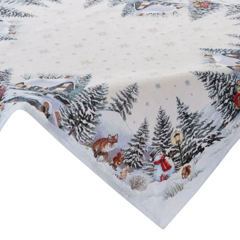 Obrus naturalno, srebrny 140x180 cm gobelinowy z mieszanki włókien z wzorem zimowego miasteczka