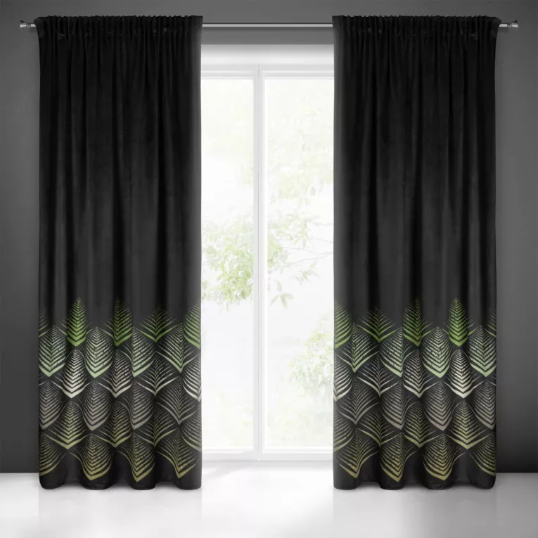 Zasłona czarno, oliwkowa z wzorem geometrycznym z tkaniny welwetowej 140x270 cm taśma ANGELINA Eurofirany