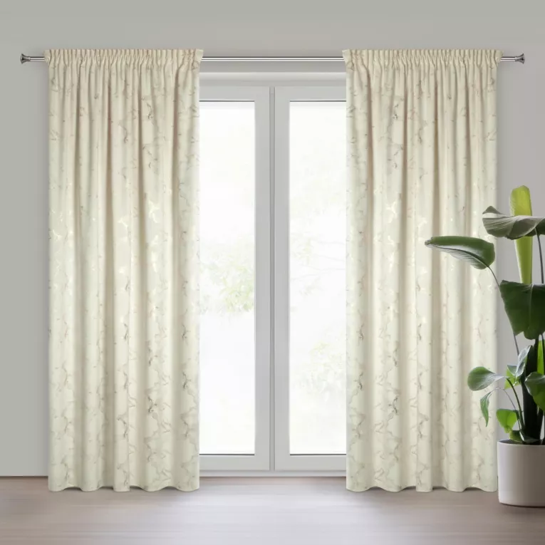 Zasłona kremowo, szampańska welwetowa zdobiona błyszczącym nadrukiem 140x270 cm taśma - RAJA Eurofirany