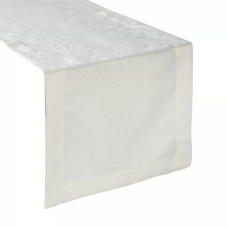 Bieżnik na stół kremowy 40x140 cm LILIAN z delikatnym wzorem liści z tkaniny przeplatanej złotą nicią z elegancką podwójną listwą