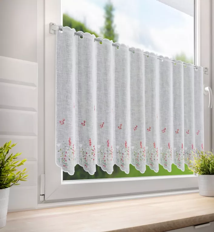 Tkanina firanowa zazdrostka zdobiona haftem polnych kwiatów Eurofirany