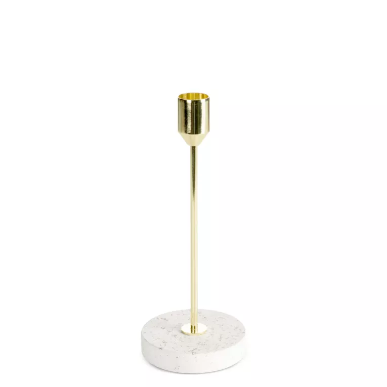 Świecznik dekoracyjny złoto, kremowy o smukłym uchwycie i kamiennej podstawie średnica 8x18 cm KORI Eurofirany