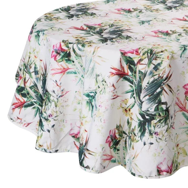 Obrus okrągły biało, zielony średnica 150 cm wodoodporny GARDEN na taras oraz balkon