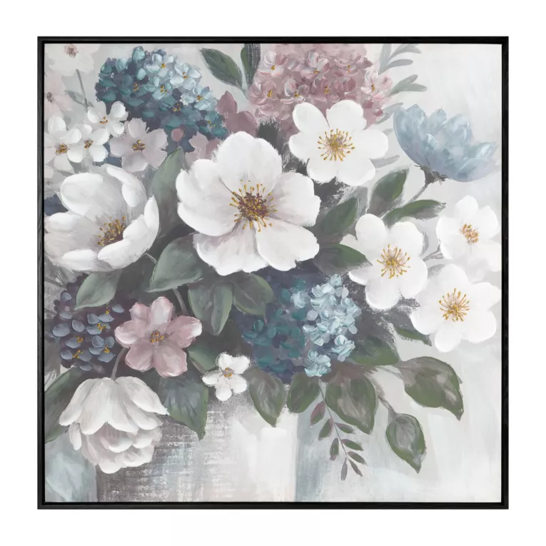 Obraz kremowo, zielony ręcznie malowane kwiaty na płótnie z błyszczącymi akcentami 80x80 cm Eurofirany