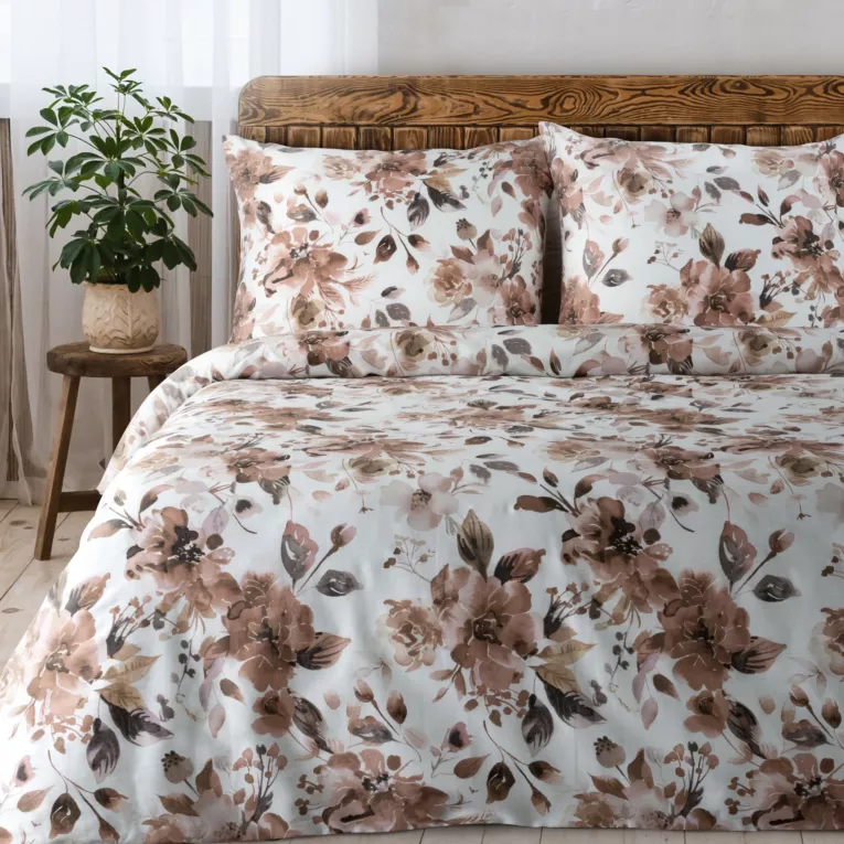 Pościel 160x200 cm z satyny bawełnianej kolor biało, pudrowy z motywem kwiatów SPRING 76 Eurofirany