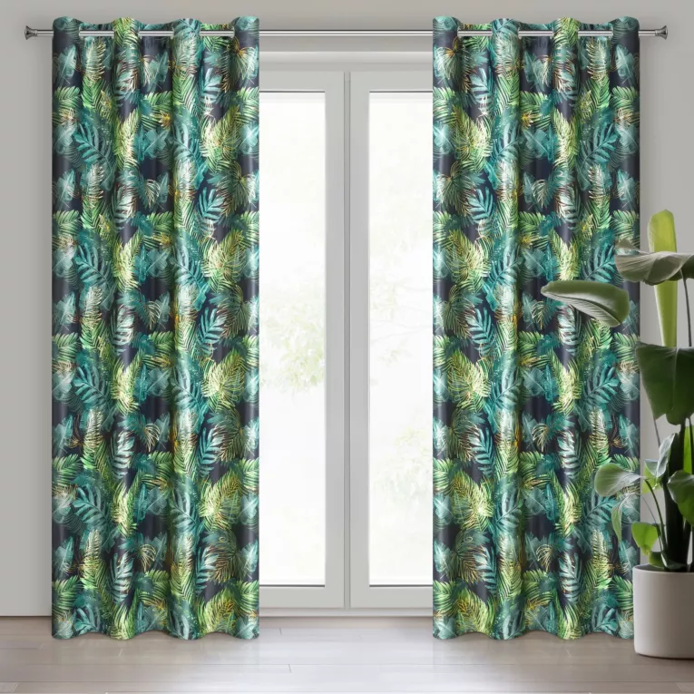Zasłona czarno, zielona z błyszczącym wzorem egzotycznych liści z welwetu 140x250 cm przelotka DAVOS  Eurofirany