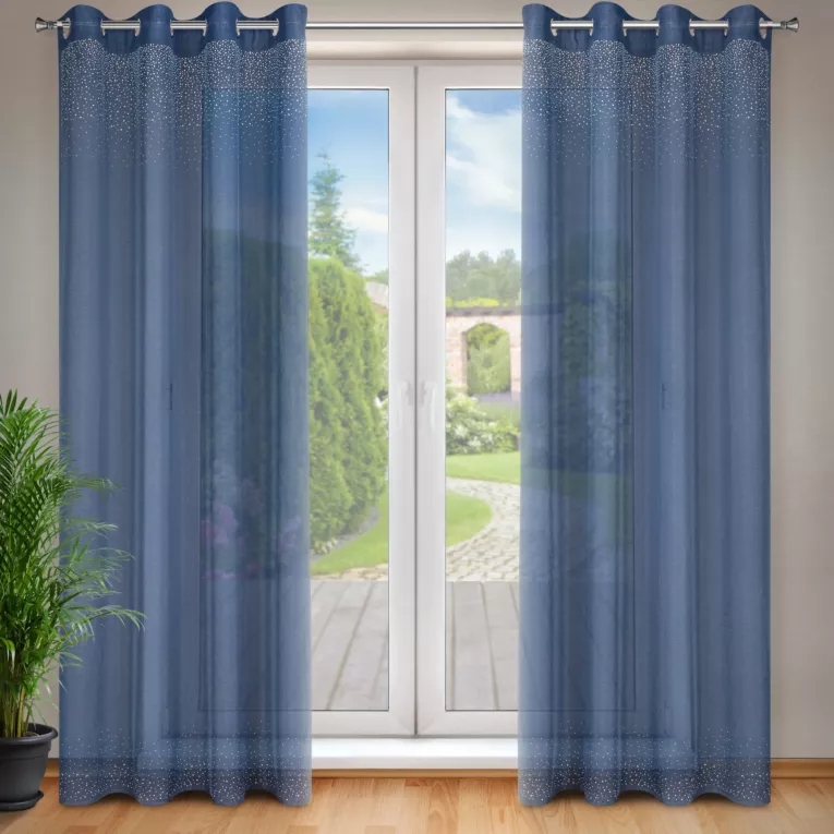 Dekoracja okienna granatowa zdobiona aplikacją z drobnych kryształków 140x250 cm przelotka AMADIE Eurofirany